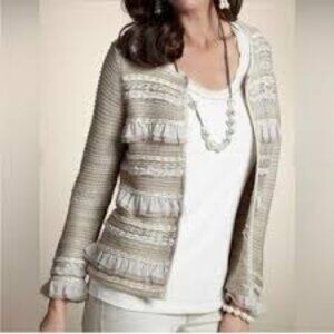 Chicos Size Small Beige Open Front Knitted Cardigan With Fringe & Braided Detail